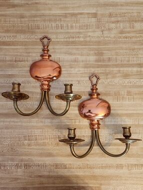 Brass & Copper Wall Candle Sconces - Pair